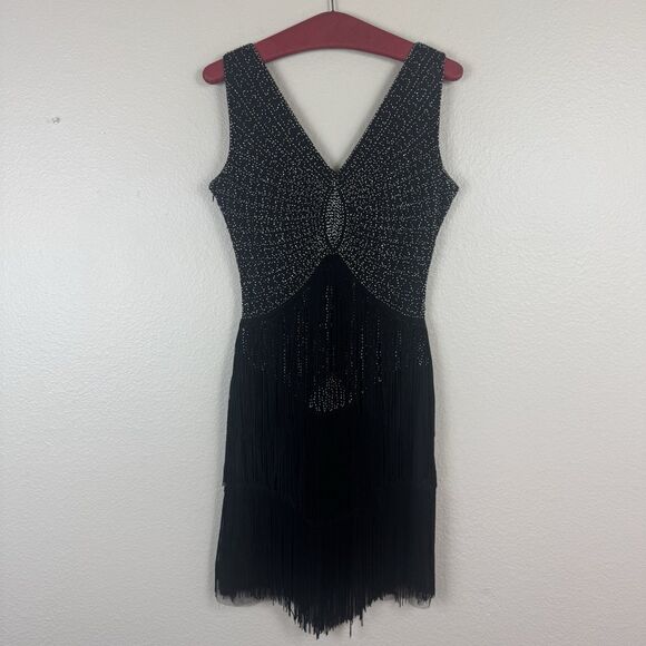 Unique Vintage Retro 1920s Fringe Beaded Mini Flapper Dress Black Silver Small - Picture 13 of 16